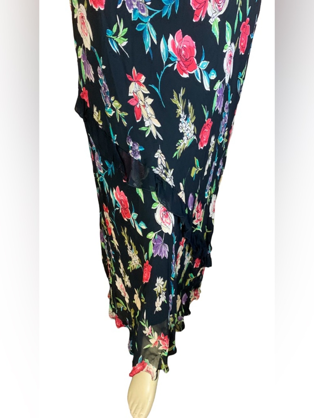 VINTAGE Y2K BLACK MULTI-COLOR FLORAL PRINT W/LACE RUFFLE CHIFFON SILK DRESS (L) - Picture 7 of 12
